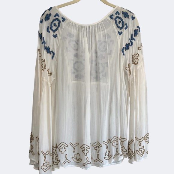 Anthropologie Diem Ivory Chiffon Embroidered Beaded Boho Flounce Peasant Top 6 - Picture 4 of 15